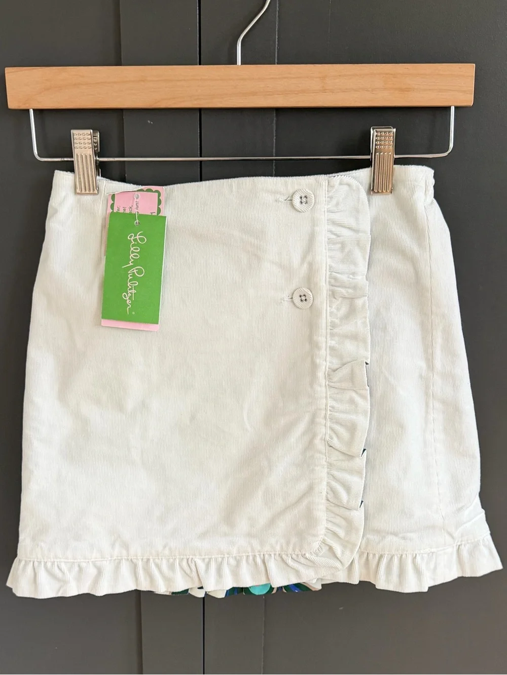 Lilly Pulitzer Reversible Wrap Skirt |Cream corduroy & print | Ruffle-Trim | 8